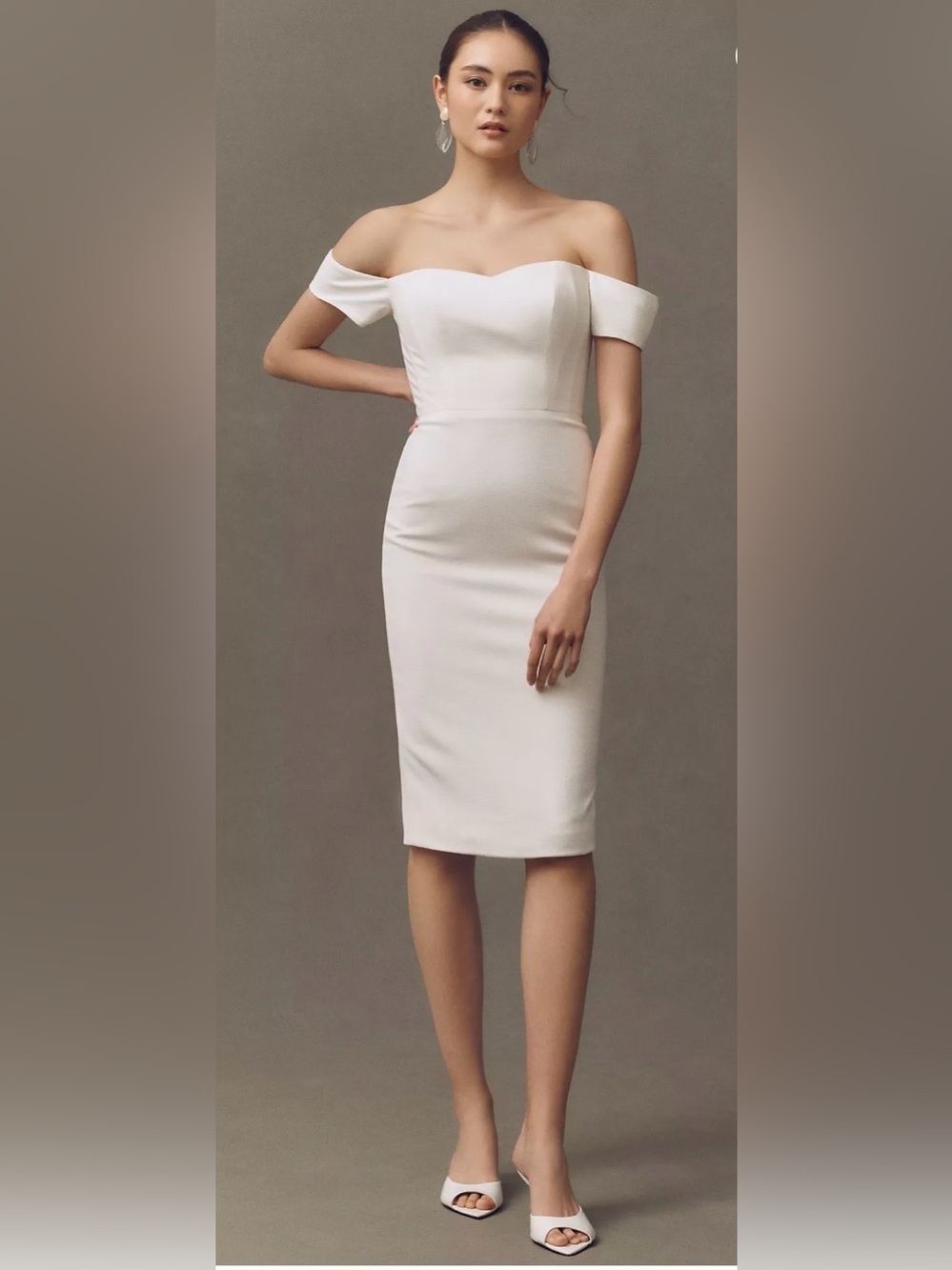 Dress The Population Bailey Off-The-Shoulder Slim Midi Dress Size S Off-White